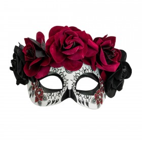 Día de los Muertos acu maska ar melnām un bordo rozēm