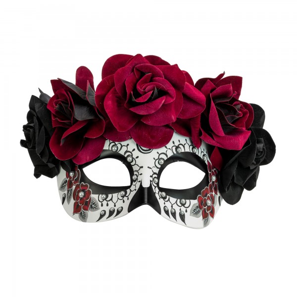 Día de los Muertos acu maska ar melnām un bordo rozēm