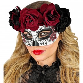 Día de los Muertos acu maska ar melnām un bordo rozēm