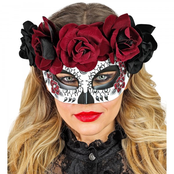 Полумаска Día de los Muertos с чёрными и бордовыми розами