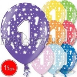 12"/30 cm lateksa baloni, 1  dzimšanas diena, assortimenta 8 dažadas krasas, 15 gab.